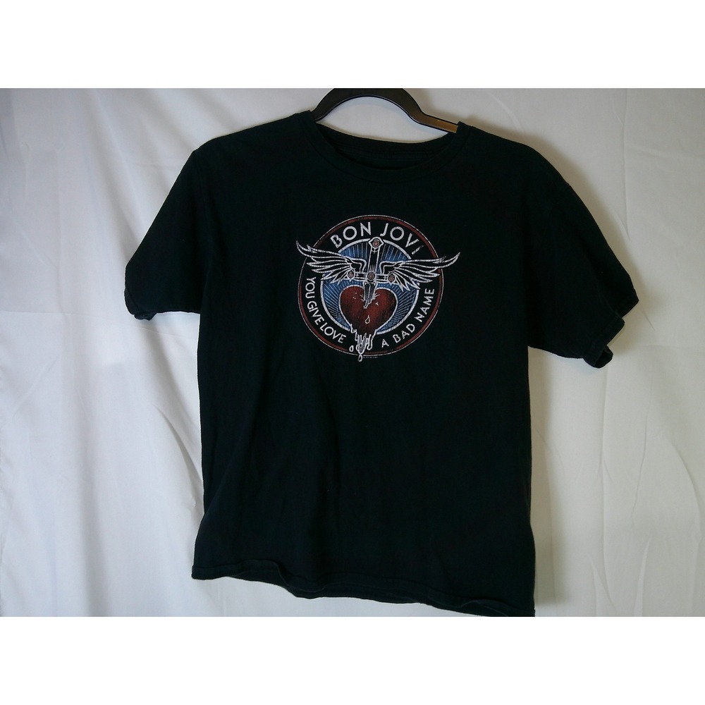 Bon‎ Jovi You Give Love A Bad Name Band T Shirt Black Short Sleeve Crew Neck Med